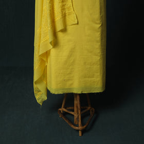 Yellow - Lucknowi Chikankari Hand Embroidered Cotton 3pc Unstitched Dress Material Suit Set 24
