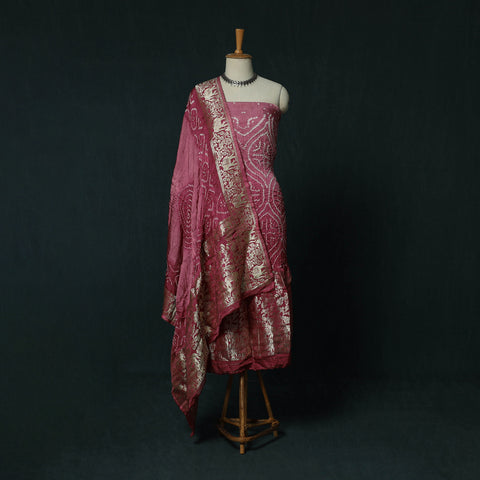 Kutch Bandhani Tie-Dye Modal Silk Heavy Banarasi Zari 3pc Unstitched Dress Material Suit Set 42