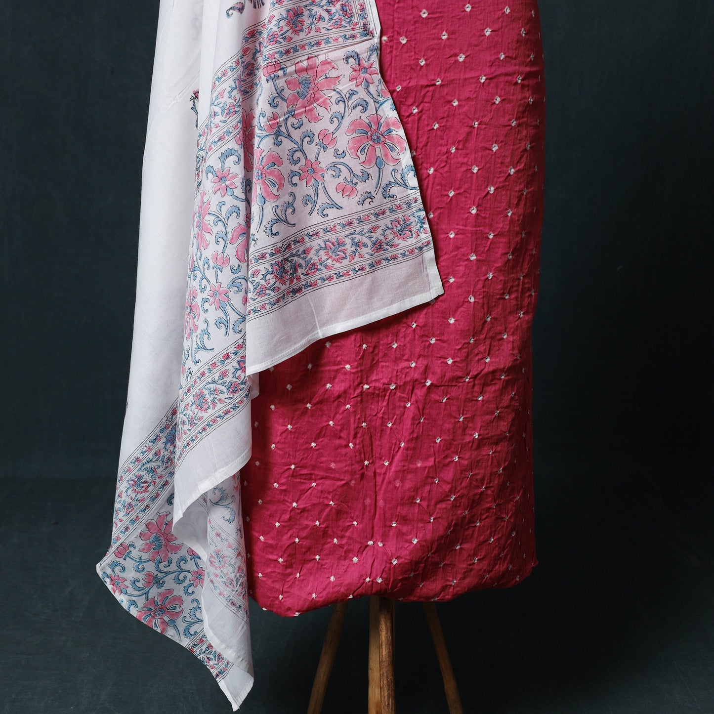 Kutch Bandhani Cotton 2pc Unstitched Dress Material Kurta Set with Earrings 02