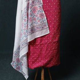Kutch Bandhani Cotton 2pc Unstitched Dress Material Kurta Set with Earrings 02