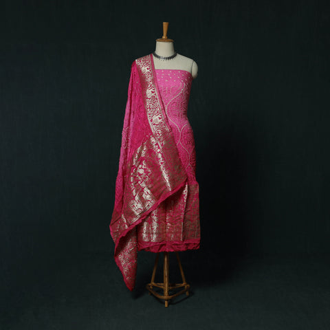 Kutch Bandhani Tie-Dye Modal Silk Heavy Banarasi Zari 3pc Unstitched Dress Material Suit Set 43