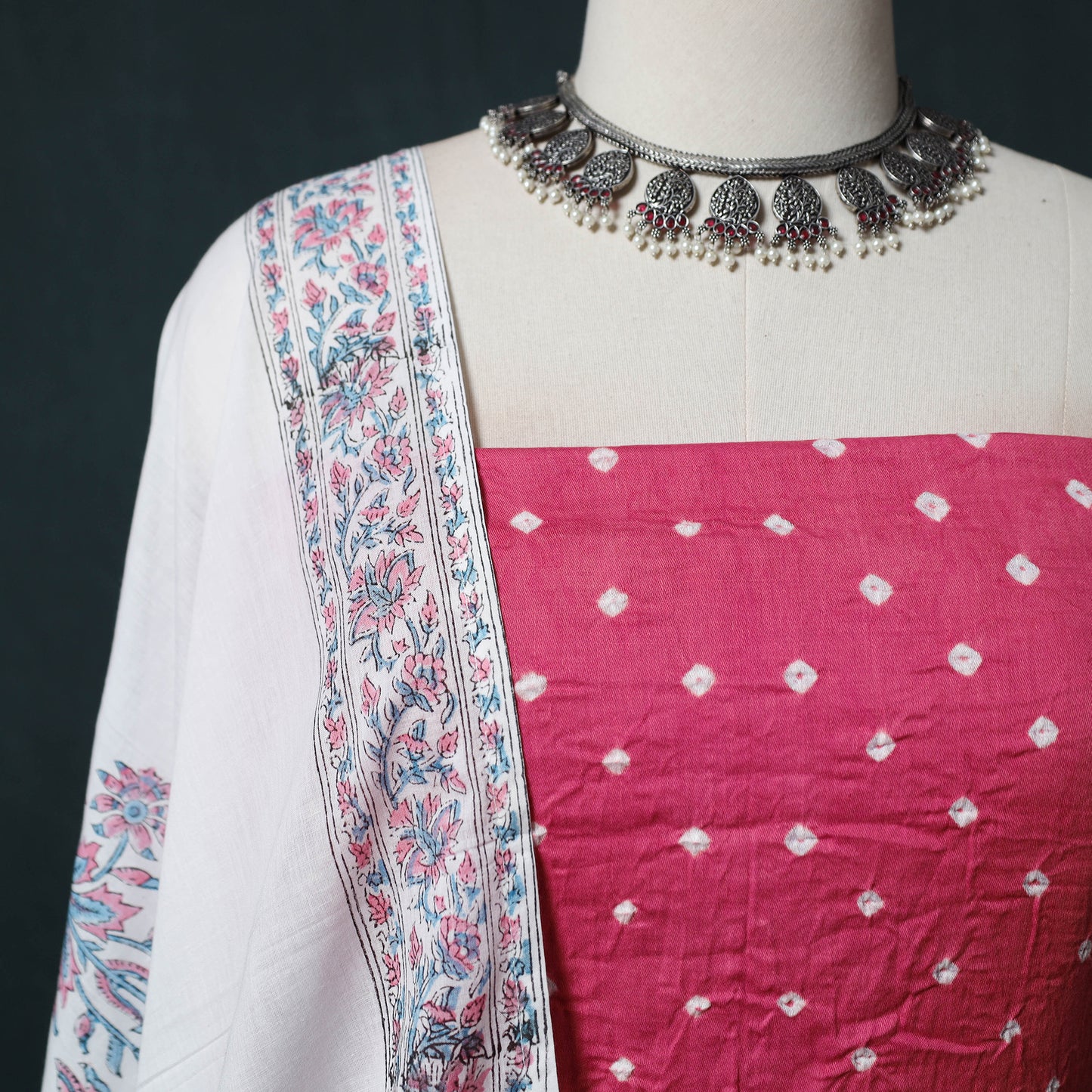 Kutch Bandhani Cotton 2pc Unstitched Dress Material Kurta Set with Earrings 02