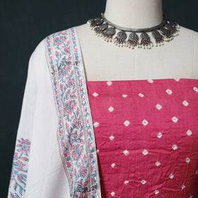 Kutch Bandhani Cotton 2pc Unstitched Dress Material Kurta Set with Earrings 02