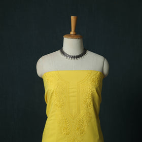 Yellow - Lucknowi Chikankari Hand Embroidered Cotton 3pc Unstitched Dress Material Suit Set 24