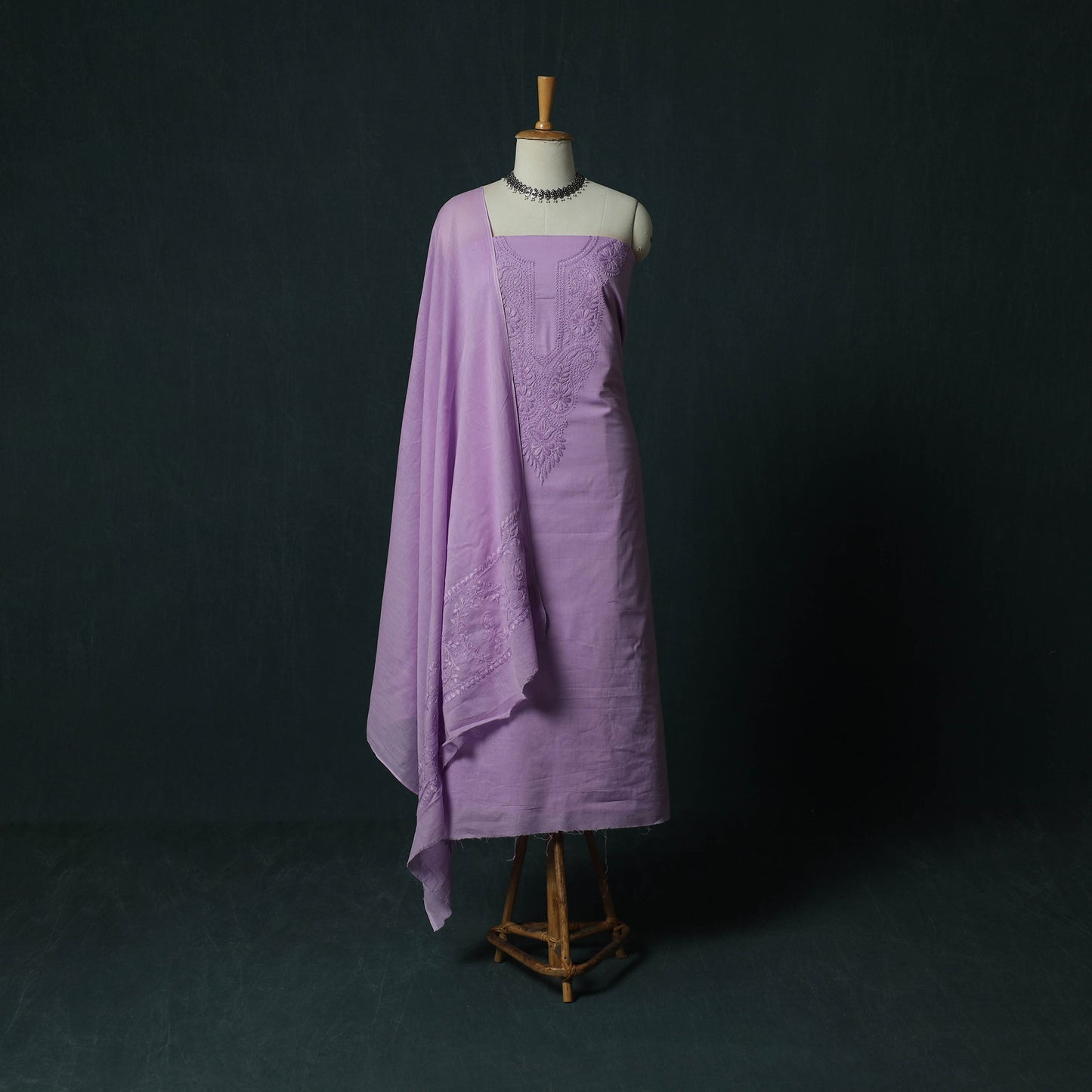 Purple - Lucknowi Chikankari Hand Embroidered Cotton 3pc Unstitched Dress Material Suit Set 25