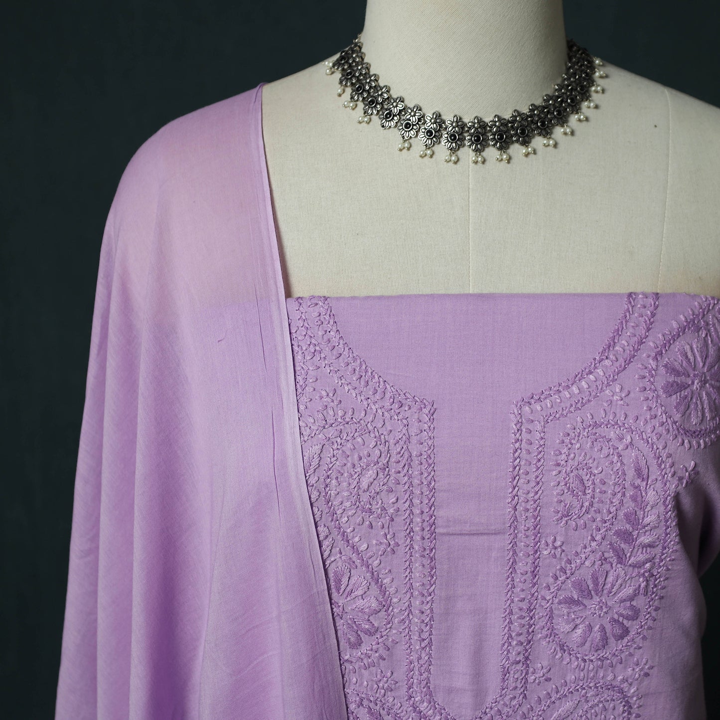 Purple - Lucknowi Chikankari Hand Embroidered Cotton 3pc Unstitched Dress Material Suit Set 25