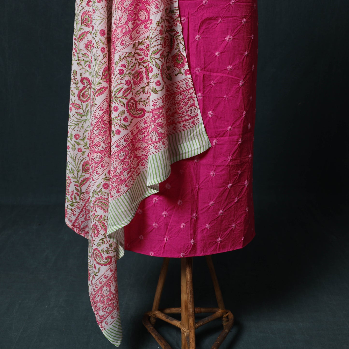 Kutch Bandhani Cotton 2pc Unstitched Dress Material Kurta Set with Earrings 03