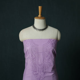 Purple - Lucknowi Chikankari Hand Embroidered Cotton 3pc Unstitched Dress Material Suit Set 25