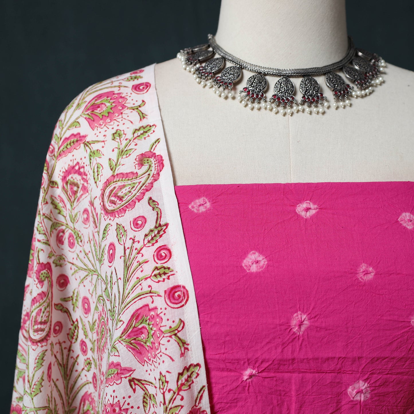Kutch Bandhani Cotton 2pc Unstitched Dress Material Kurta Set with Earrings 03