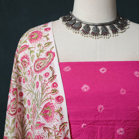 Kutch Bandhani Cotton 2pc Unstitched Dress Material Kurta Set with Earrings 03