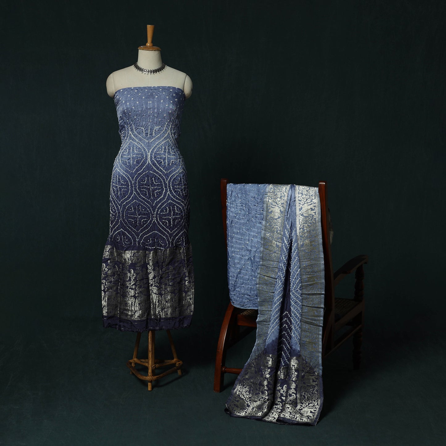 Kutch Bandhani Tie-Dye Modal Silk Heavy Banarasi Zari 3pc Unstitched Dress Material Suit Set 44