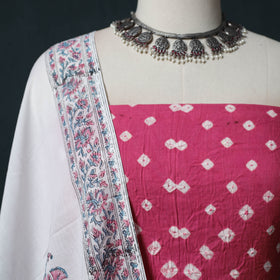 Kutch Bandhani Cotton 2pc Unstitched Dress Material Kurta Set with Earrings 04
