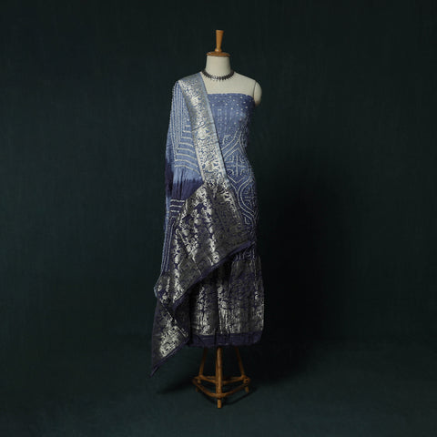 Kutch Bandhani Tie-Dye Modal Silk Heavy Banarasi Zari 3pc Unstitched Dress Material Suit Set 44