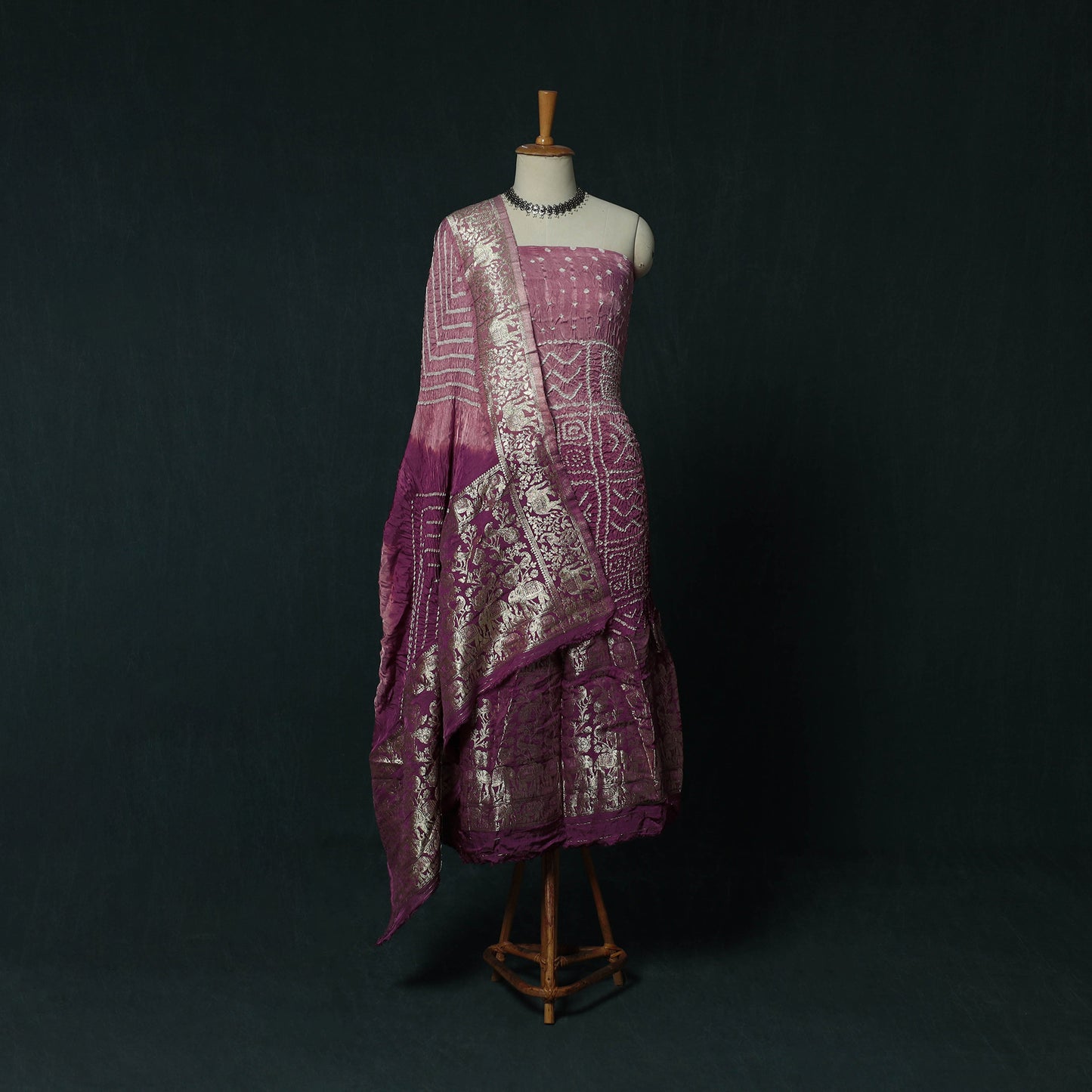Kutch Bandhani Tie-Dye Modal Silk Heavy Banarasi Zari 3pc Unstitched Dress Material Suit Set 30
