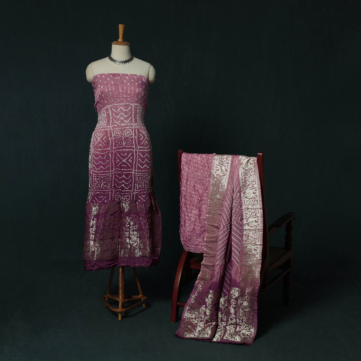 Kutch Bandhani Tie-Dye Modal Silk Heavy Banarasi Zari 3pc Unstitched Dress Material Suit Set 30