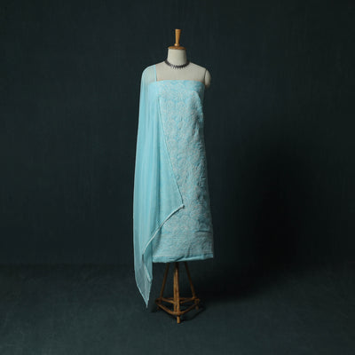 Blue - Lucknowi Chikankari Hand Embroidered Cotton 3pc Unstitched Dress Material Suit Set 27