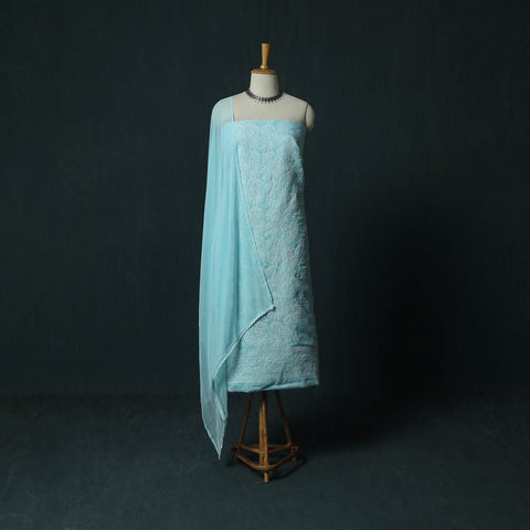 Blue - Lucknowi Chikankari Hand Embroidered Cotton 3pc Unstitched Dress Material Suit Set 27