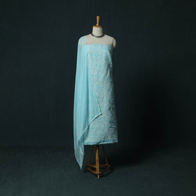 Blue - Lucknowi Chikankari Hand Embroidered Cotton 3pc Unstitched Dress Material Suit Set 27