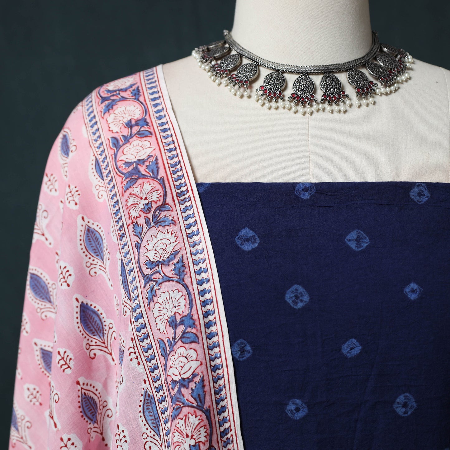 Kutch Bandhani Cotton 2pc Unstitched Dress Material Kurta Set with Earrings 05