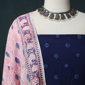Kutch Bandhani Cotton 2pc Unstitched Dress Material Kurta Set with Earrings 05