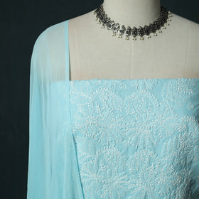 Blue - Lucknowi Chikankari Hand Embroidered Cotton 3pc Unstitched Dress Material Suit Set 27