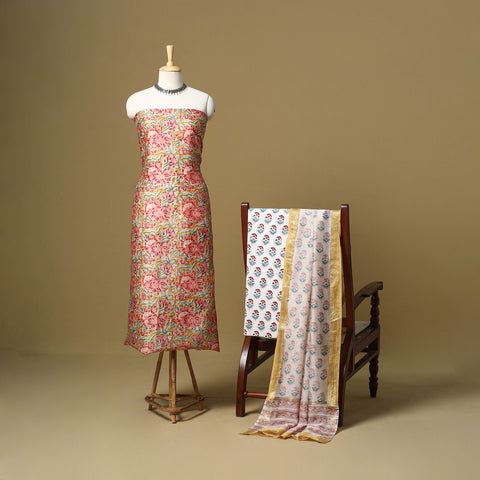 Maheshwari Silk Sanganeri Hand Block Print 3pc Unstitched Dress Material 06