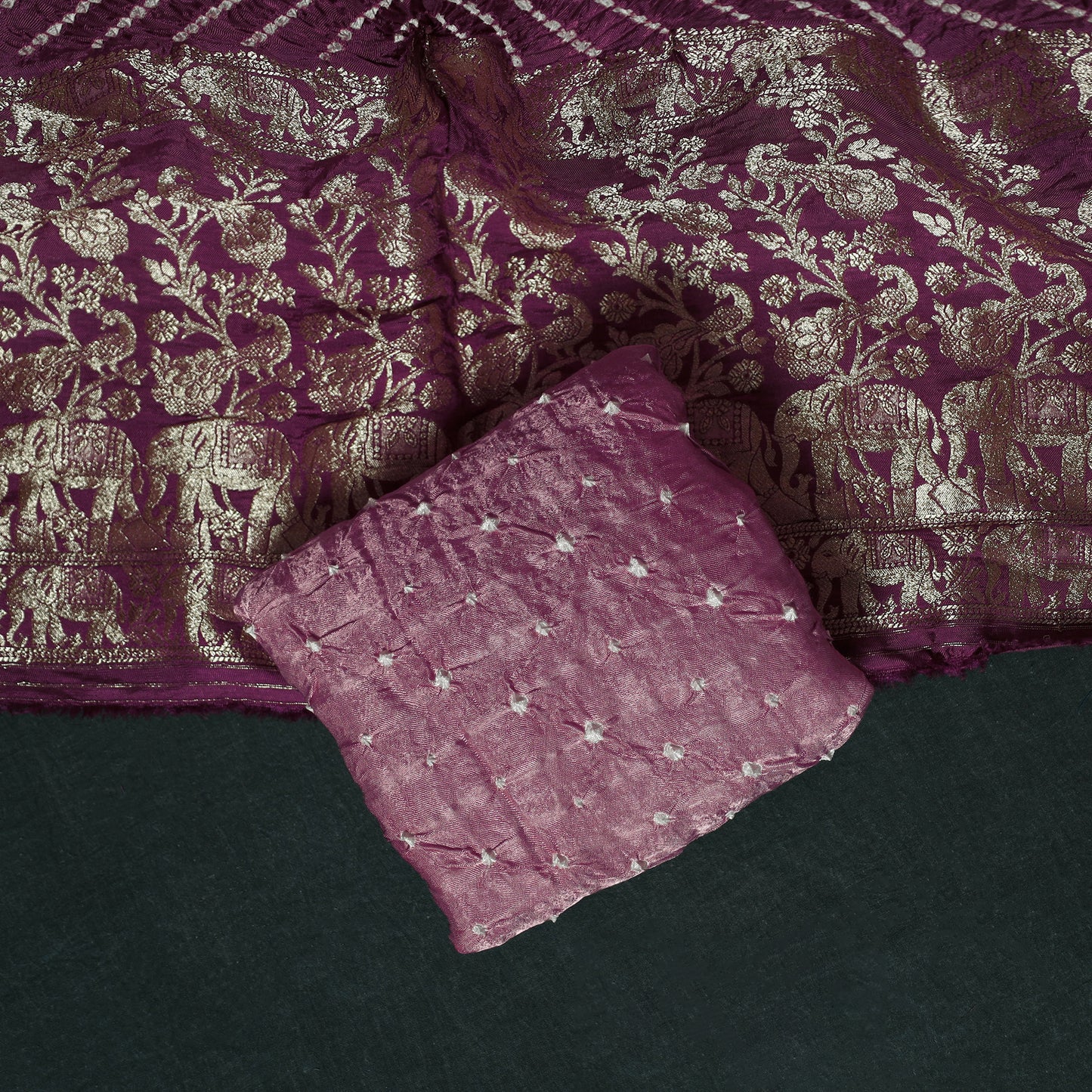 Kutch Bandhani Tie-Dye Modal Silk Heavy Banarasi Zari 3pc Unstitched Dress Material Suit Set 30