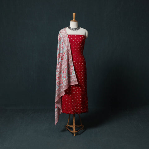 Red - Kutch Bandhani Cotton 2pc Unstitched Dress Material Kurta Set with Earrings 06
