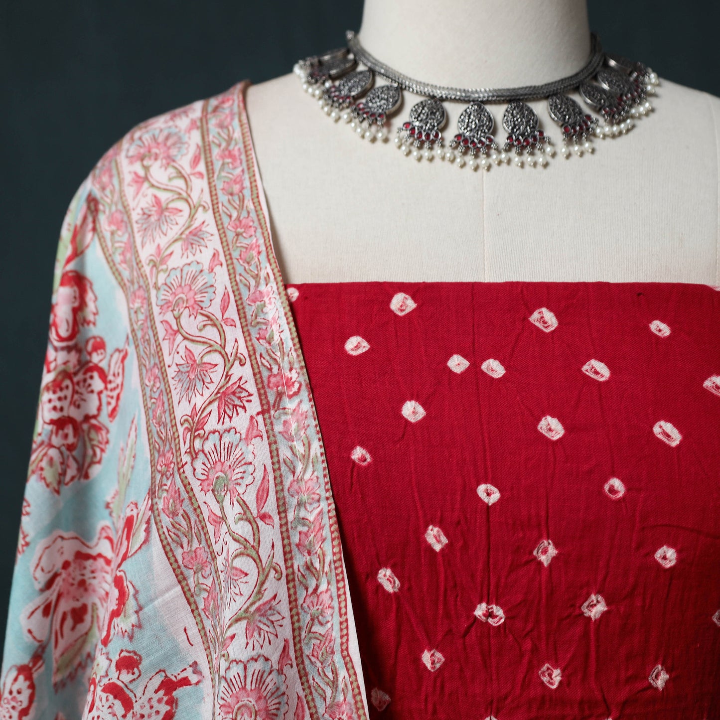Kutch Bandhani Cotton 2pc Unstitched Dress Material Kurta Set with Earrings 06