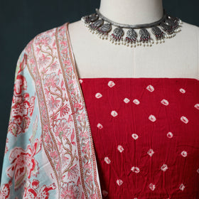 Kutch Bandhani Cotton 2pc Unstitched Dress Material Kurta Set with Earrings 06