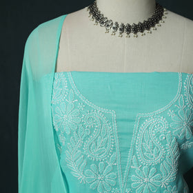 Blue - Lucknowi Chikankari Hand Embroidered Cotton 3pc Unstitched Dress Material Suit Set 28