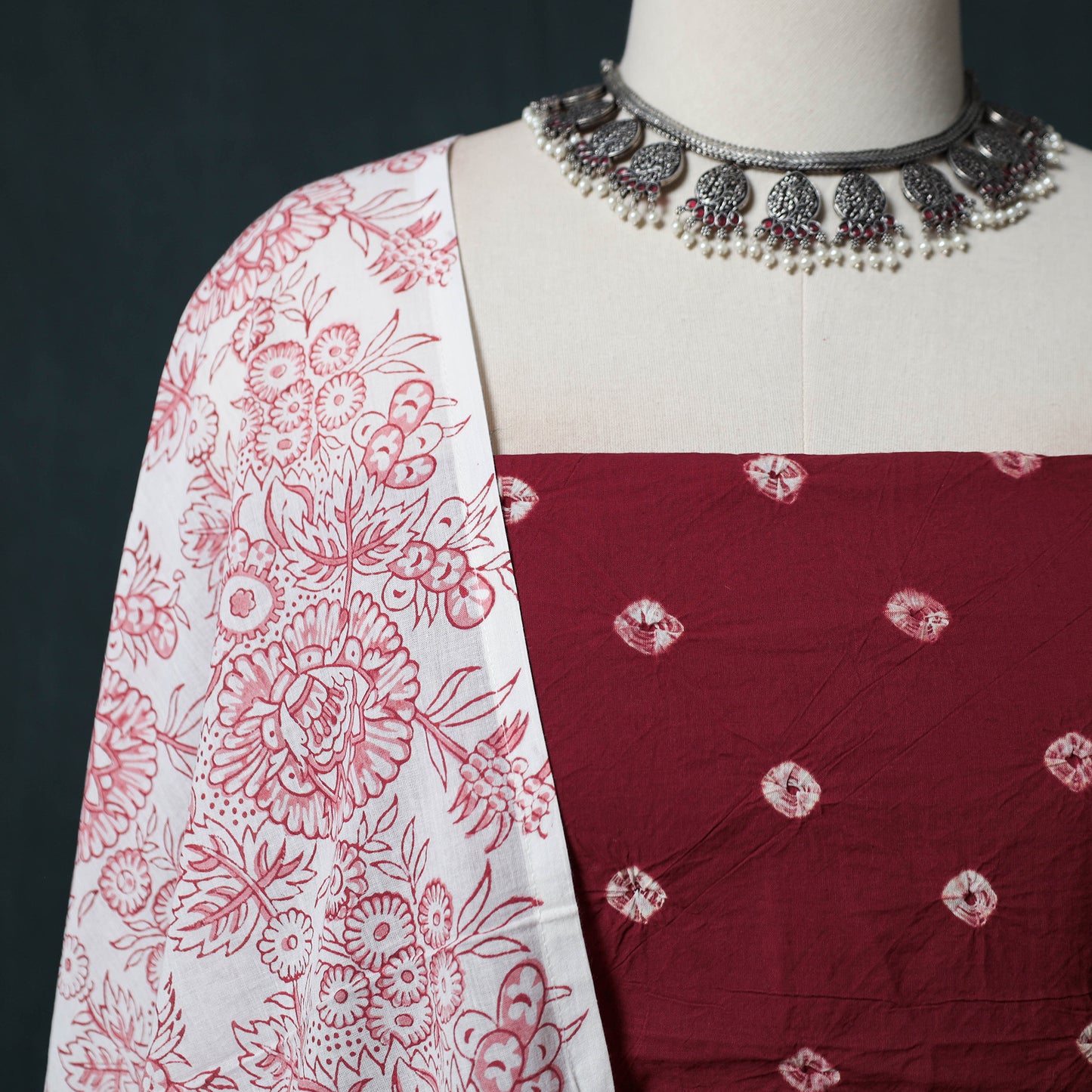 Kutch Bandhani Cotton 2pc Unstitched Dress Material Kurta Set with Earrings 07