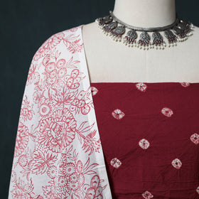 Kutch Bandhani Cotton 2pc Unstitched Dress Material Kurta Set with Earrings 07
