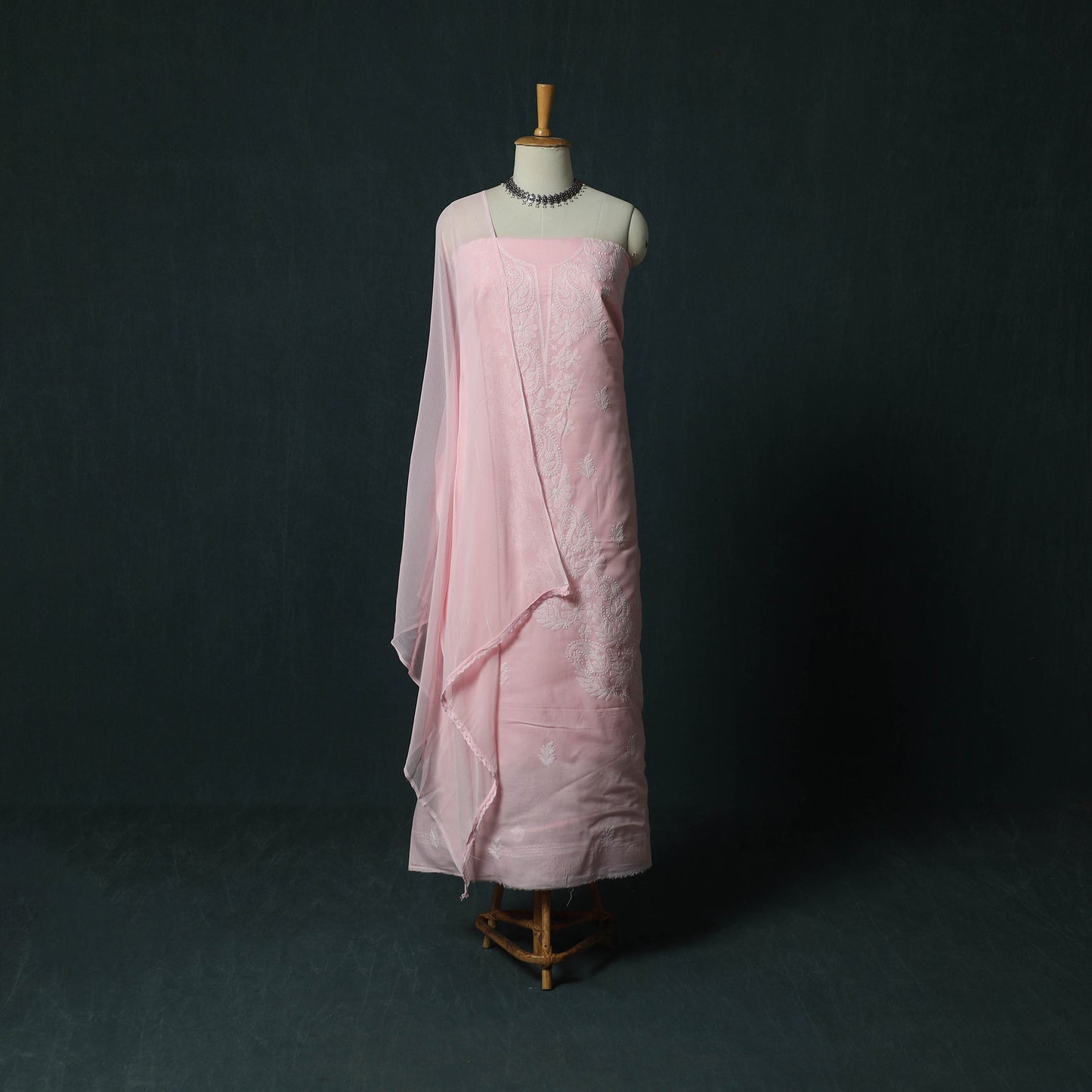 Pink - Lucknowi Chikankari Hand Embroidered Cotton 3pc Unstitched Dress Material Suit Set 29