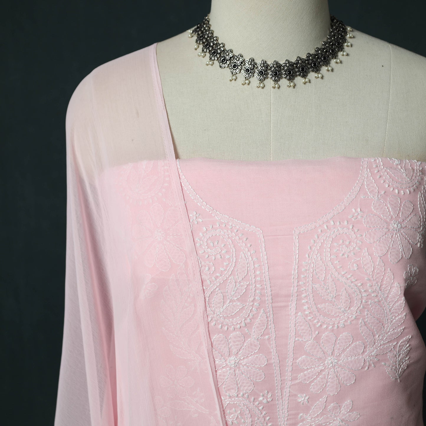 Pink - Lucknowi Chikankari Hand Embroidered Cotton 3pc Unstitched Dress Material Suit Set 29