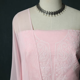 Pink - Lucknowi Chikankari Hand Embroidered Cotton 3pc Unstitched Dress Material Suit Set 29