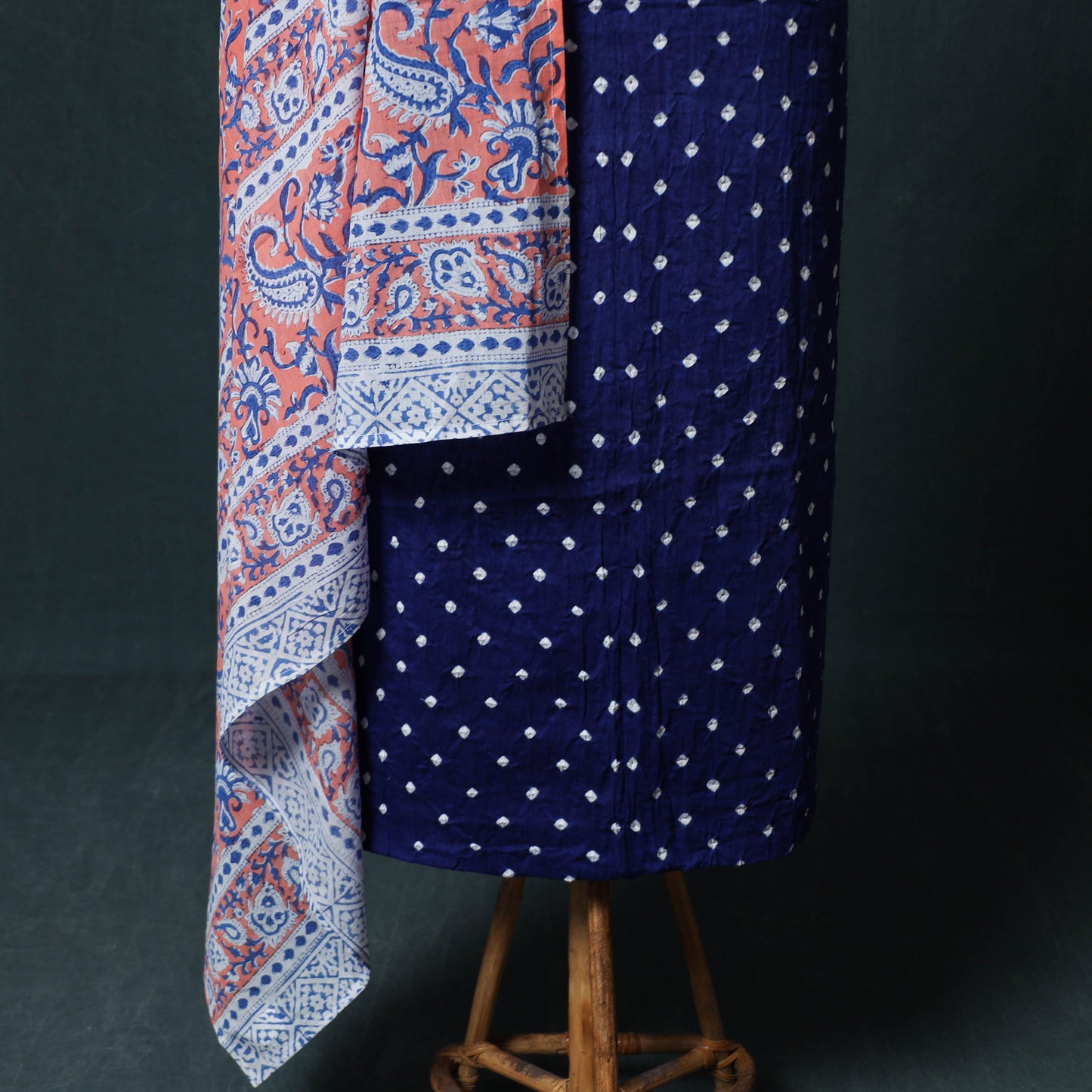 Kutch Bandhani Cotton 2pc Unstitched Dress Material Kurta Set with Earrings 08
