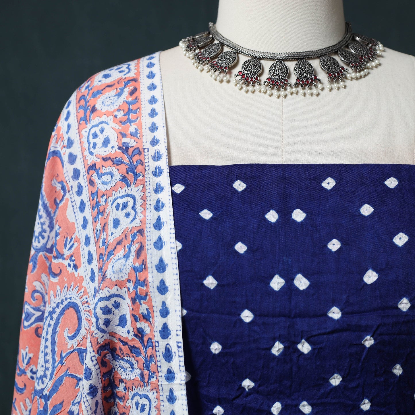 Kutch Bandhani Cotton 2pc Unstitched Dress Material Kurta Set with Earrings 08