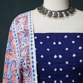 Kutch Bandhani Cotton 2pc Unstitched Dress Material Kurta Set with Earrings 08