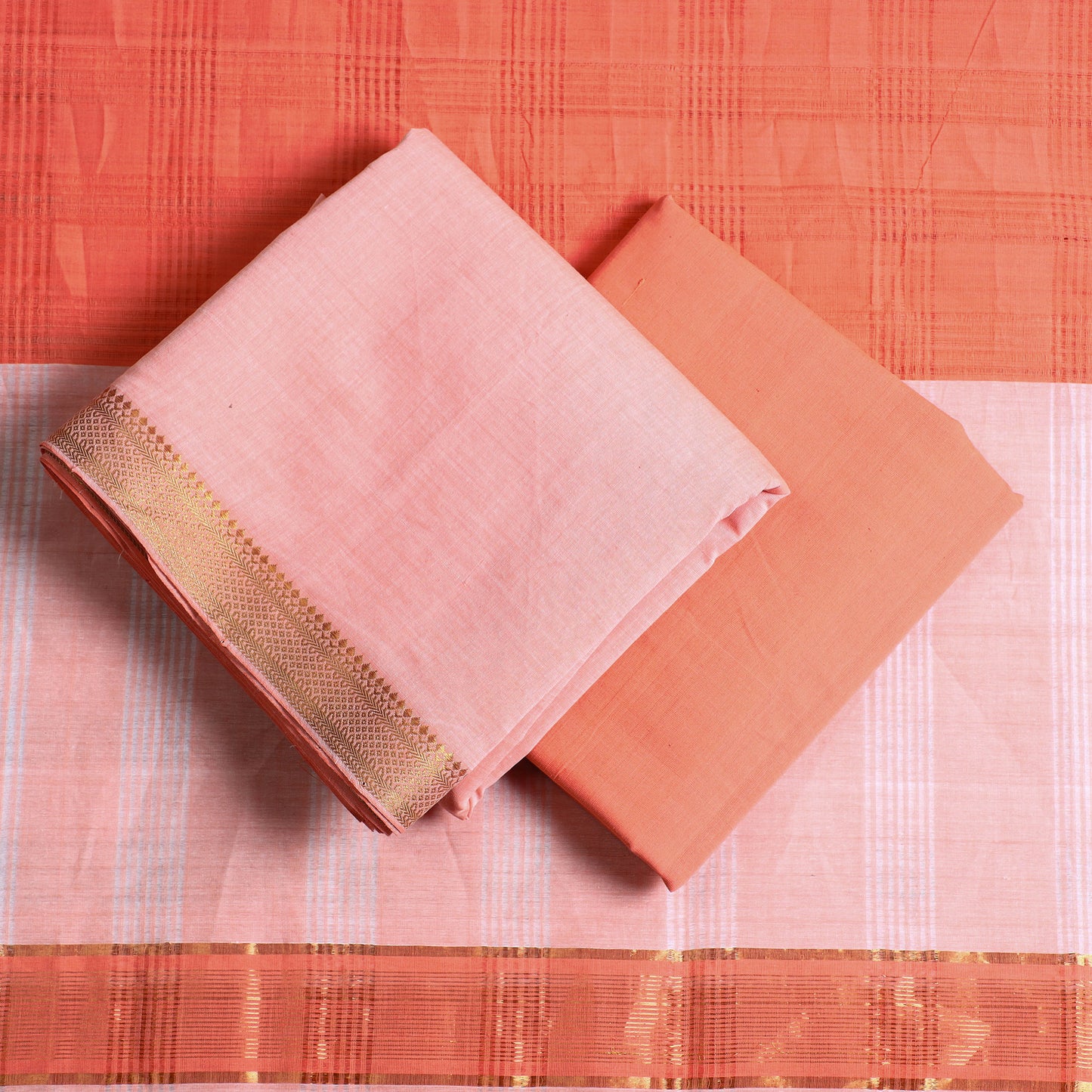 Orange - 3pc Handloom Cotton Mangalagiri Dress Material 21