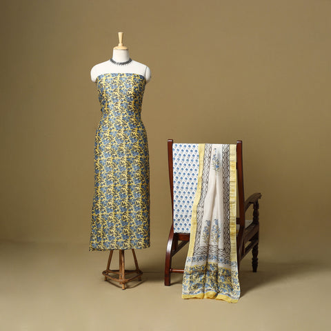 Maheshwari Silk Sanganeri Hand Block Print 3pc Unstitched Dress Material 08