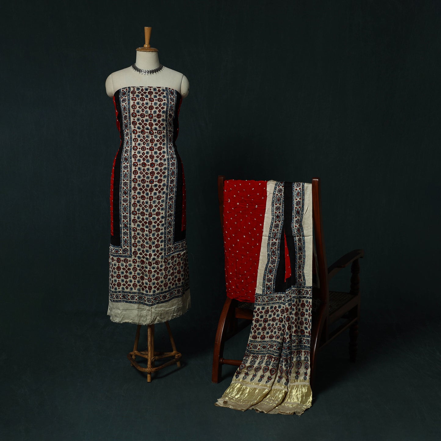 Kutch Ajrakh Bandhani Tie-Dye Modal Silk 3pc Unstitched Dress Material Suit Set 33