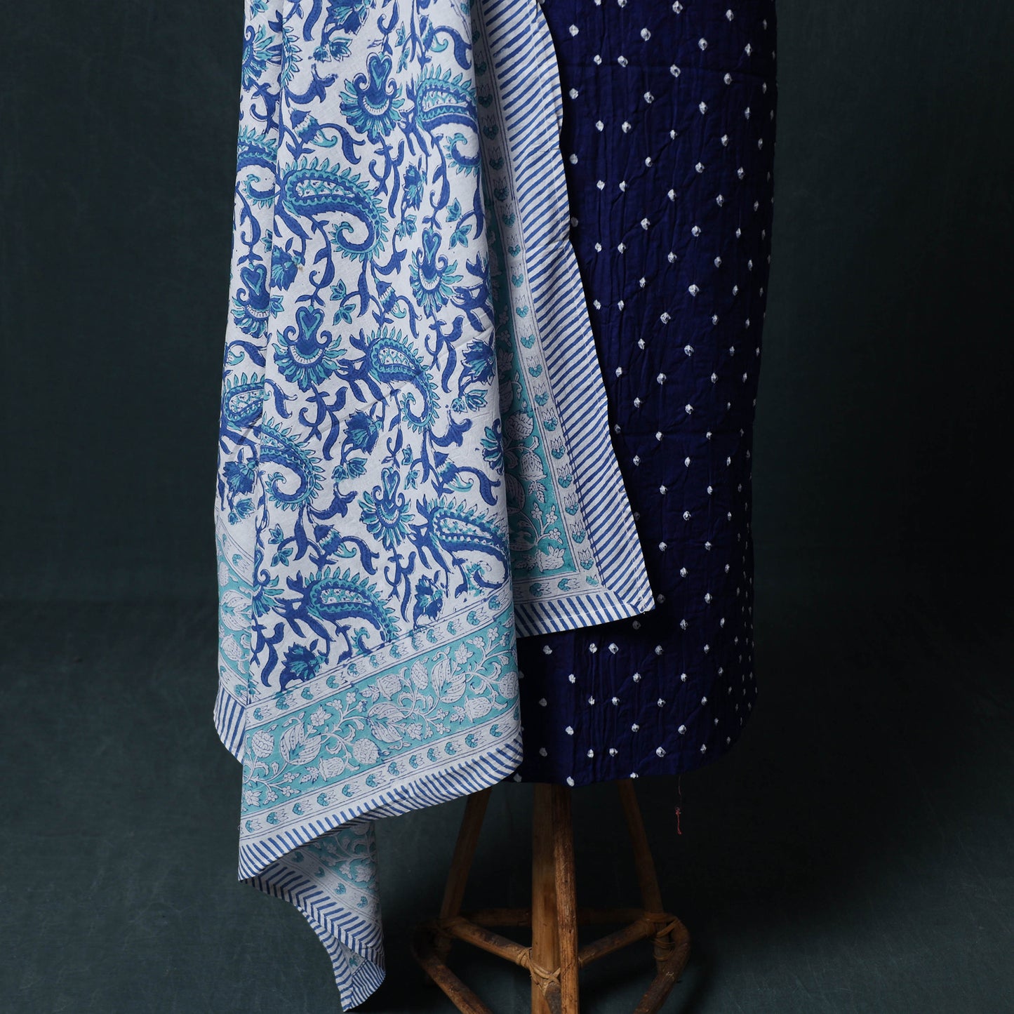 Kutch Bandhani Cotton 2pc Unstitched Dress Material Kurta Set with Earrings 09
