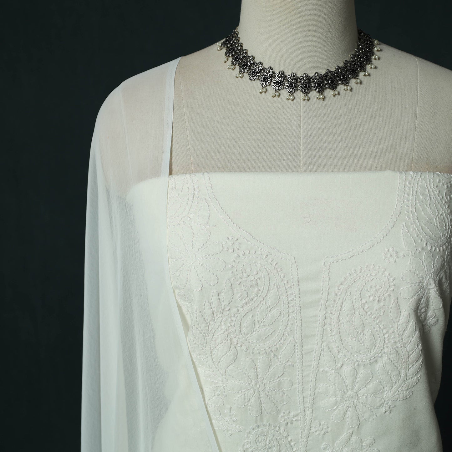 White - Lucknowi Chikankari Hand Embroidered Cotton 3pc Unstitched Dress Material Suit Set 30