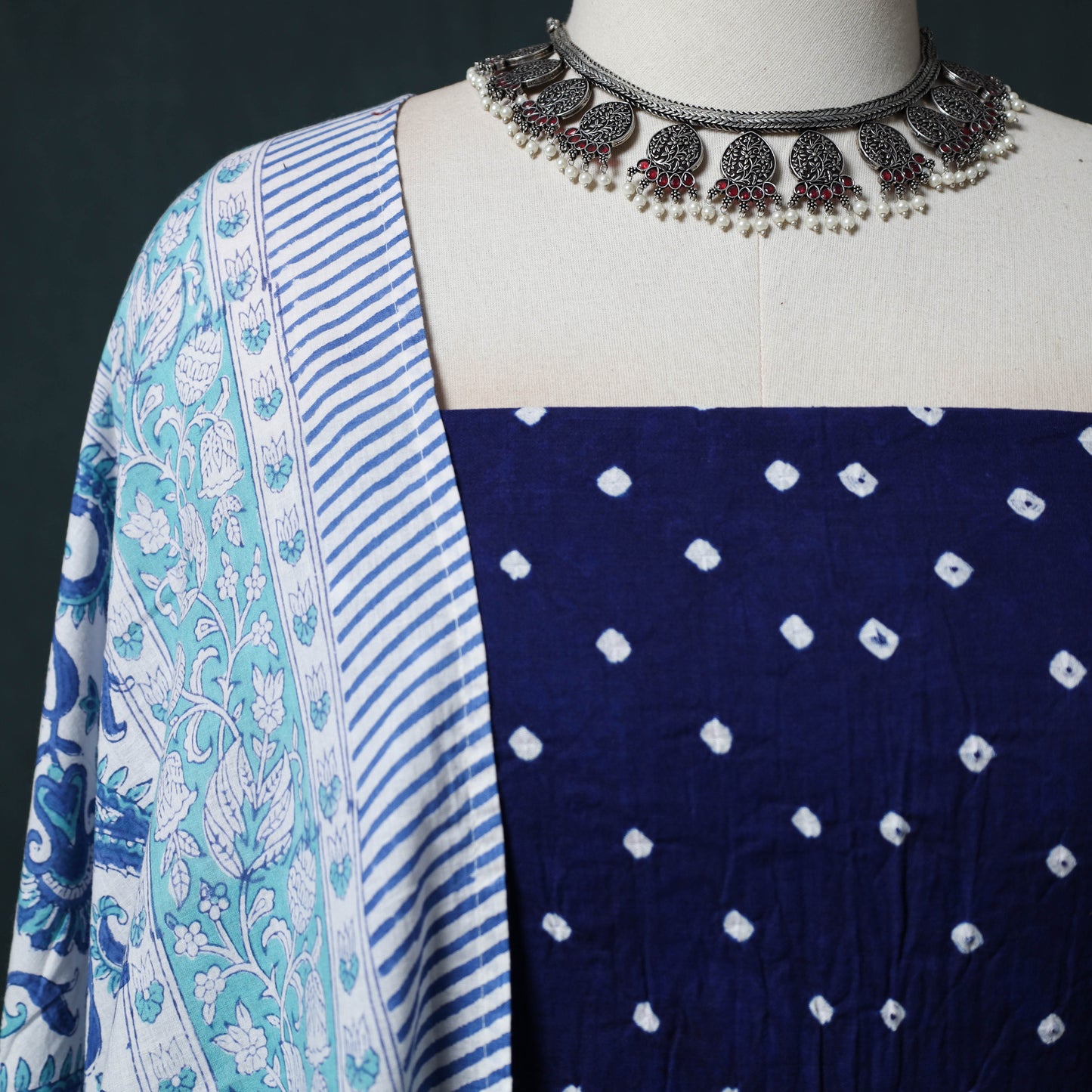 Kutch Bandhani Cotton 2pc Unstitched Dress Material Kurta Set with Earrings 09