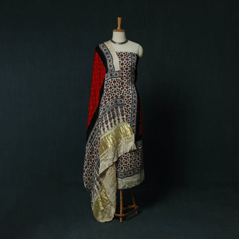 Kutch Ajrakh Bandhani Tie-Dye Modal Silk 3pc Unstitched Dress Material Suit Set 33