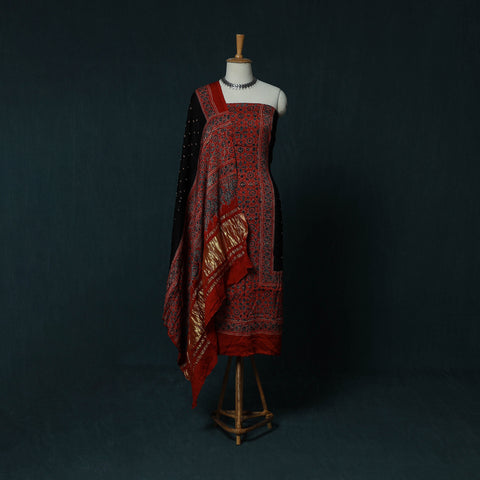 Kutch Ajrakh Bandhani Tie-Dye Modal Silk 3pc Unstitched Dress Material Suit Set 34