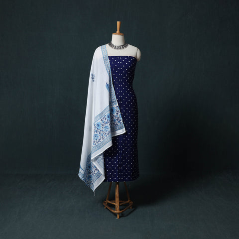Blue - Kutch Bandhani Cotton 2pc Unstitched Dress Material Kurta Set with Earrings 10