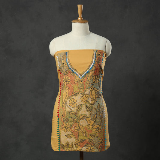 Yellow - Bengal Kantha Hand Embroidery Cotton Kurta Material - 2.8 Meter 01