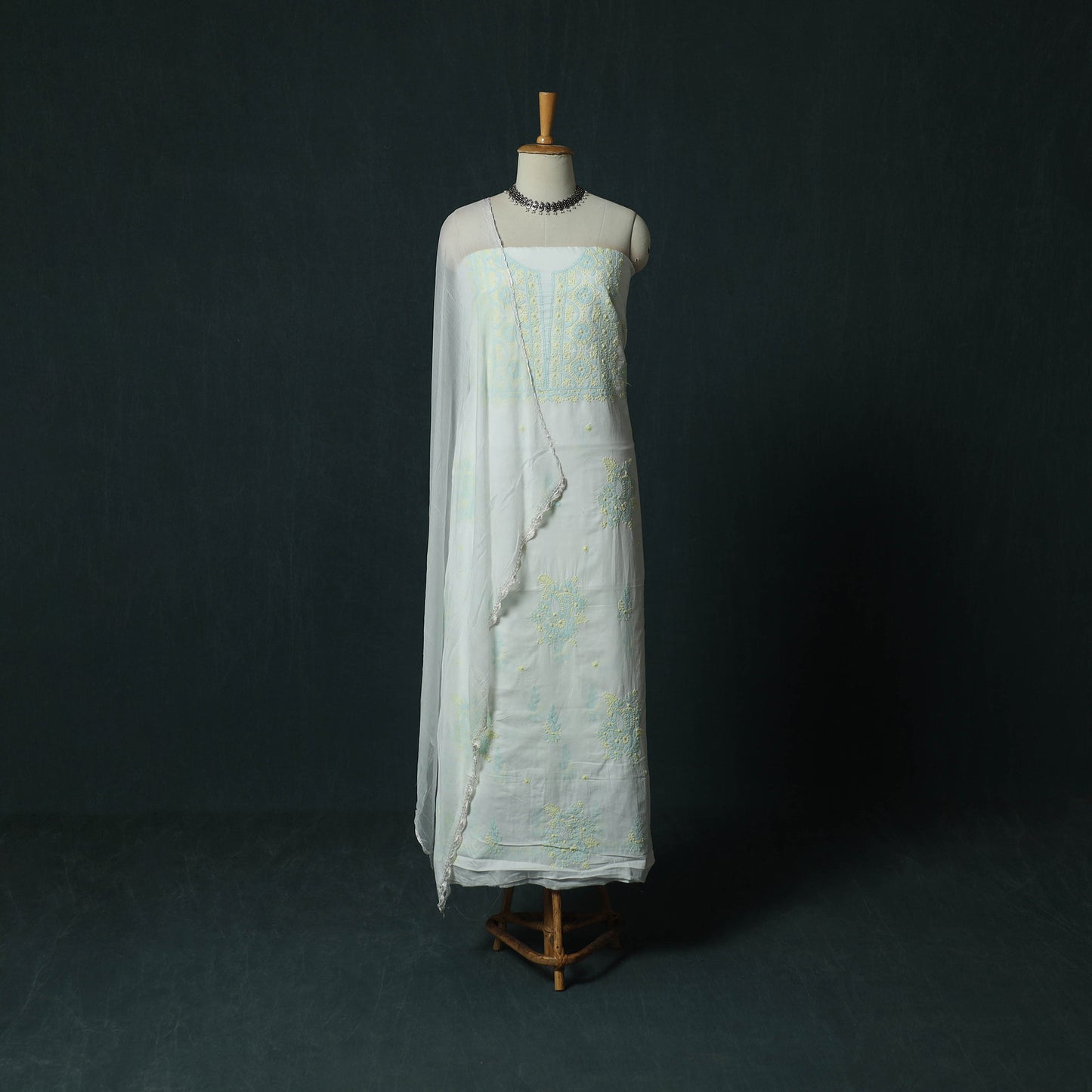 White - Lucknowi Chikankari Hand Embroidered Mul Cotton 3pc Unstitched Dress Material Suit Set 31